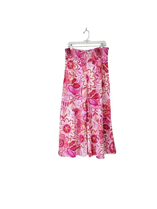 Cece Women's XL Floral Smocked Waist Wide Leg Pants Linen Blend Pink Multicolor - Picture 6 of 6